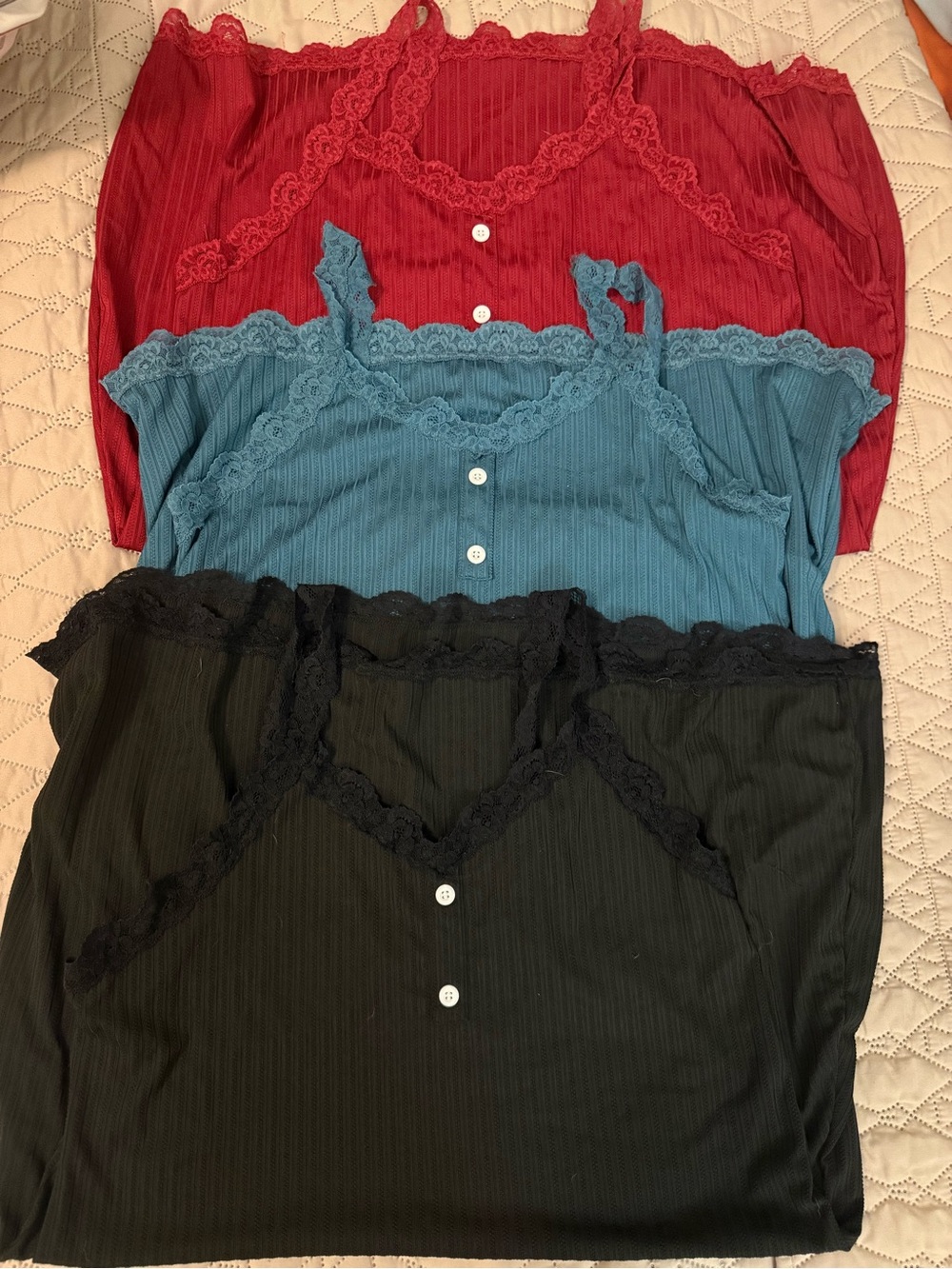 Set of 3 Lace Trim Ribbed Nightgown  - Black, Teal, Red